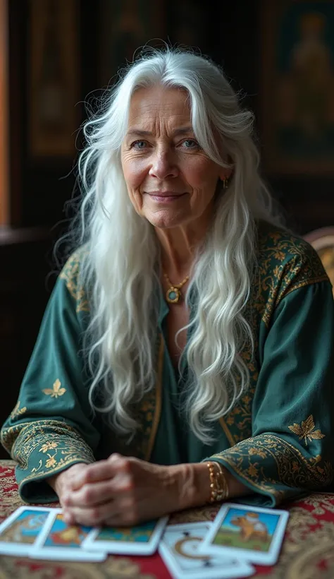 A cinematic photo of an middle age woman with wisdom and mystique reading Tarot cards kept on a table.she has long white hair , She looking to camera wear balak beautiful handcraft  clothes and blue eyes . she wear handcraft scarf partially on hair , she l...