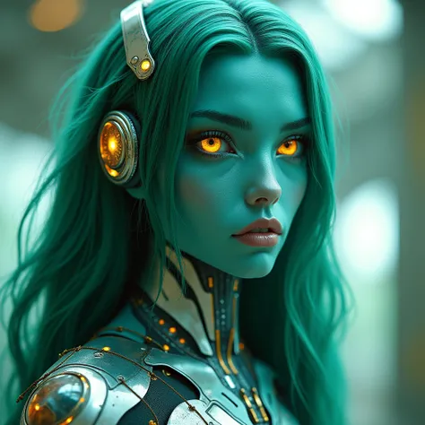 Masterpiece of sci-fi cinematic scenes, a beauty alien girl, green long hair, yellow eyes, with blue skin, blending of elegant and mystery face looks, extremely detail on her face, wear Cybernetics metallic mirror reflections armor, dynamic pose, kodak vis...