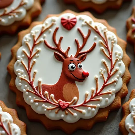 Cookie decorated with ROYAL icing technique designed by Rodolfo the reindeer Christmas in a round shape that looks perfectly decorated with beautiful details