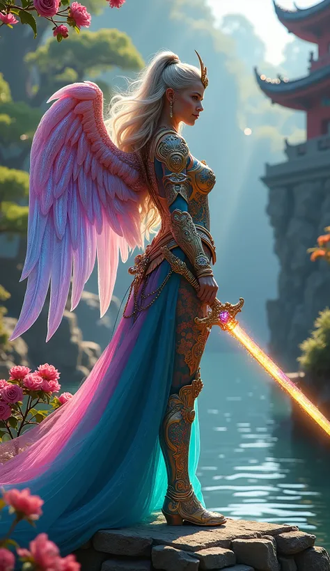 Hyperrealistic majestic and very very beautiful warrior woman and very sexiest adorned in highly intricate, ornate and detailed five colors and five gems bright light ornate armor, wielding a mystical super sword that glows magically, with flowing diamond ...