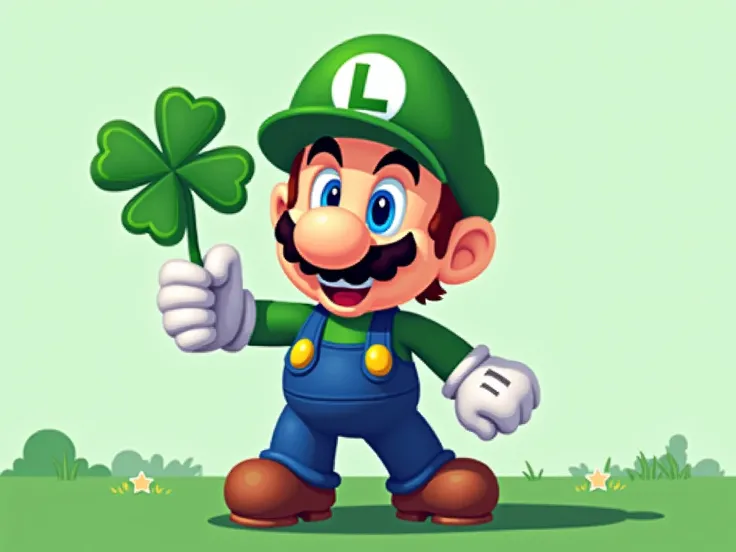 create Super Mario ,  -style pixel illustration with a happy man holding a four-leaf clover