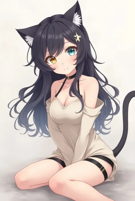 Create an anime-style illustration of a young girl with long dark hair that flows smoothly around her. She has heterochromatic eyes (one blue and one yellow), adding a mysterious touch to her appearance. She has cat ears on her head, giving her a cute, pla...