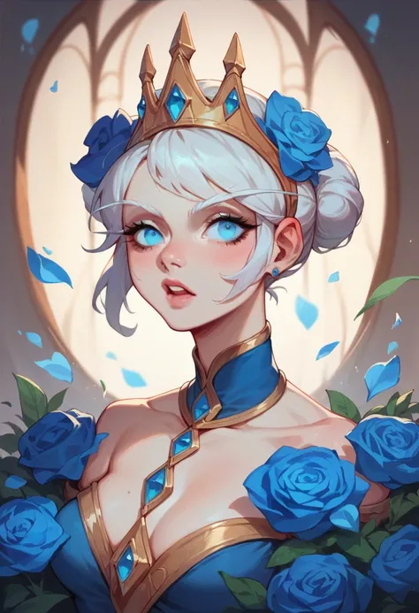 A pretty petite female Quel’dorei from World of Warcraft with white hair and glowing blue eyes. She has a small bust, slim form. She is wearing a crown of white and blue flowers and an attractive white and blue dress. Hyper detailed. High quality.