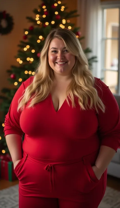 “A 30-year-old plus-size woman is festive and cheerful, confident in a red outfit. Her hair is blonde. The setting is warm and cozy, with soft lighting, a decorated Christmas tree, and twinkling lights in the background, evoking the holiday spirit. The wom...