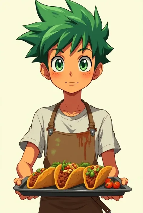  Anime style,  slightly tanned brown boy , with green hair and green eyes ,  without a shirt or pants wearing a stained kitchen apron and in his hands a tray full of tacos