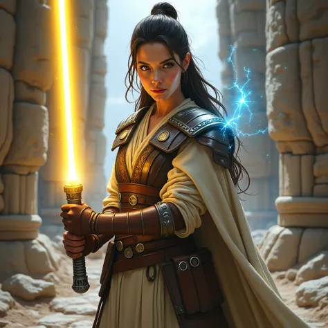  a female Jedi with long hair tied black and brown eyes, wearing Jedi armor and holding a yellow lightsaber