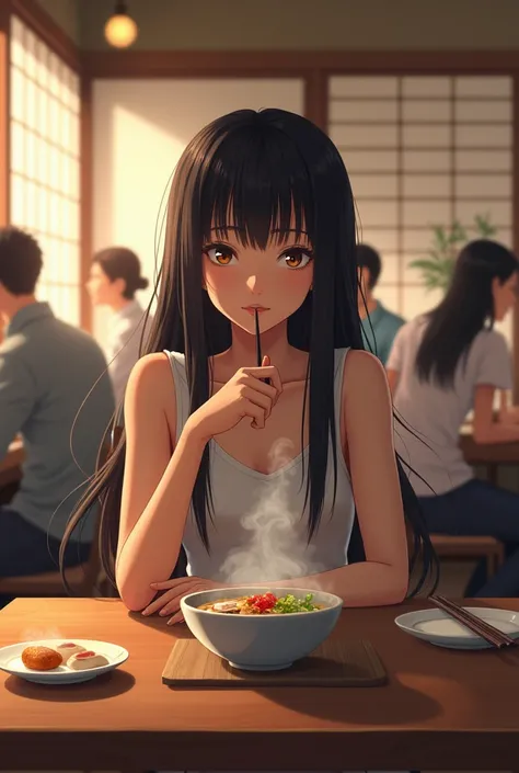 Hungry girl, at resturant. From japan. Long girl, hair long and black.  