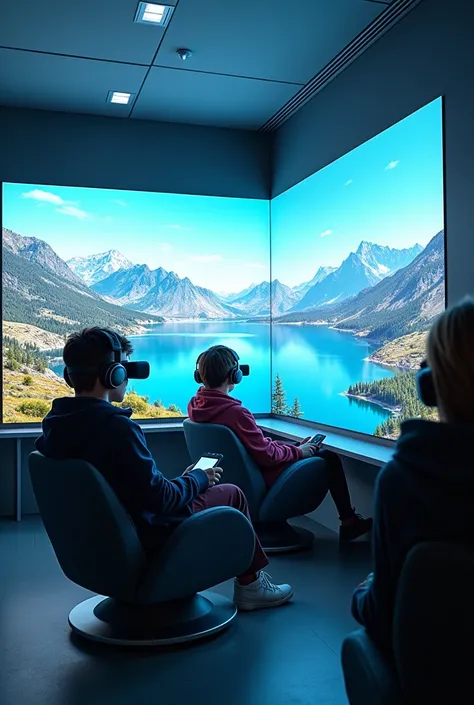  Create an image with the following characteristics: Imagine a modern cabin ,  with walls covered with screens that show every type of landscape we know. inside, there are comfortable armchairs with headphones ,  virtual reality glasses and controls to adj...