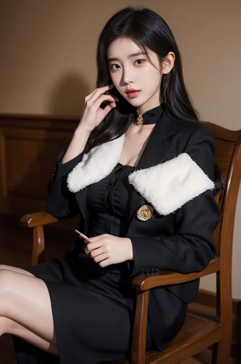 lawyer, iu lee ji-eun as a super villain, bae suzy, jaeyeon nam, female lawyer, iu, park shin hye as a super villain, young wan angel, lee ji-eun, lee ji - eun, dark academia, heonhwa choe, jinyoung shin, wearing a black noble suit **zoom in** **fair skin*...