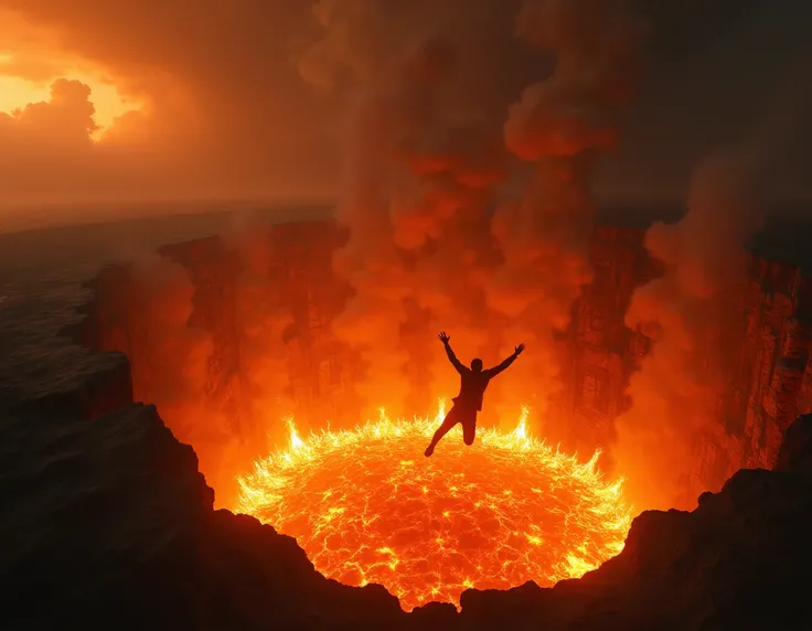 a scene seen from above of a person falling into a lake of fire