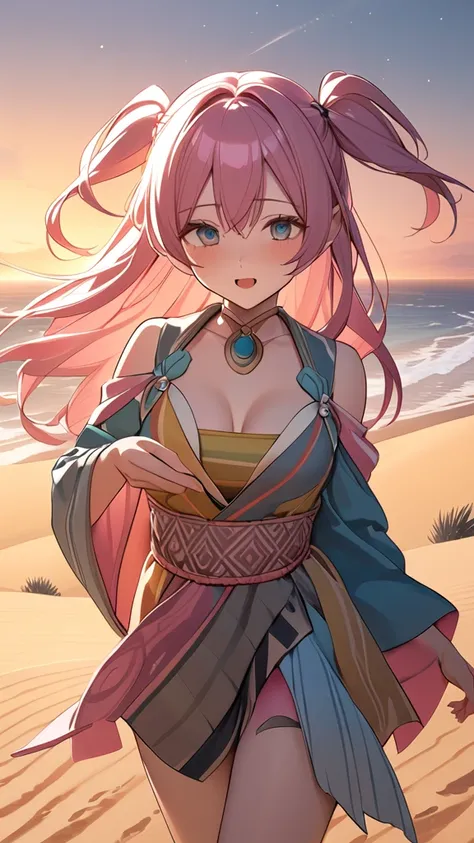 1 girl, (Young face),  pink long hair , ( Two Side Up), Droopy eyes, fantasy anime shaman costume, ( medium chest:1.2),  cleavage, Height: 160cm,  Mysterious vibe , Cute gestures,  cowboy shot,   
break,  Dusk Light , (Warm Light:1.2), Soft Shadows,  fanta...