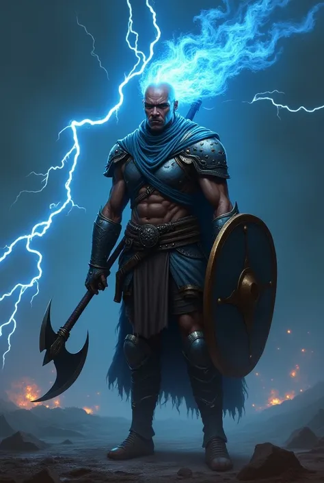 Skinny brown-skinned soldier with bald head, hair exuding an aura of blue fire forged for battle with illuminated armor on the battlefield holding a fire axe in the right hand and shield in the left hand with a bow on the back in attack position with many ...