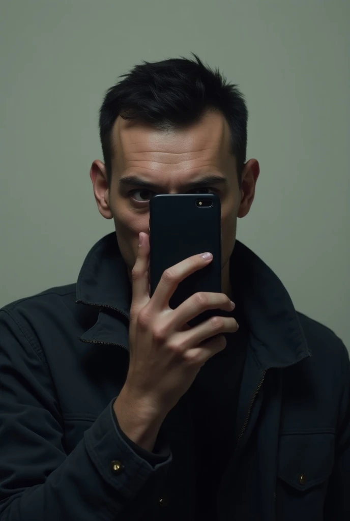 He is wearing a dark colored jacket. He is holding a cell phone in front of his face, covering his face. He is looking at the camera. His hair is short and black. He has dark skin and his very ugly alot more ugly the most ugliest person ever