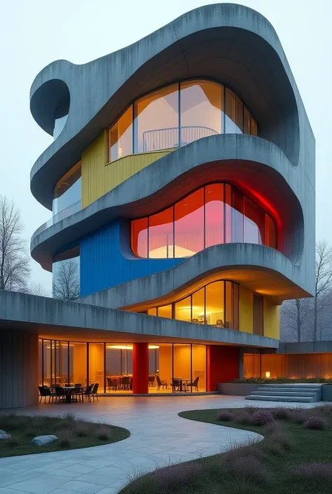 All in 3D. A new completed project for a modern library.In spiral in fractal in asymetry and concrete and color blue, red, yellow silver and extreme black metal contrast and concrete in extreme new architecture from Le Corbusiers Art and Style and Archtekt...