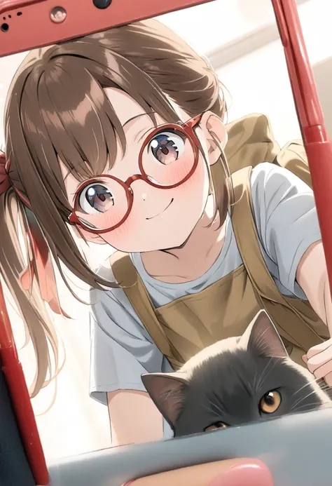 ((style:Colored pencil,pale colour)),(anime), (masterpiece:1.2), 1girl, , Elementary school girl, brown hair, big eyes, black eyes, ((red round eyewear)), side ponytail, smile, blushful, cute, kawaii, Girl taking a photo, snapshot, A scene from everyday li...