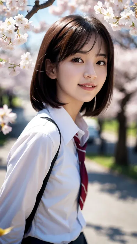 (highest quality,masterpiece:1.3,ultra high resolution),(Super detailed,caustics,8k),(photorealistic:1.4,RAW shooting),1 girl,(smile),(Looking up at cherry blossoms),18-year-old,cute,Japanese,black hair short cut,(school uniform),glamorous,(big ),(face foc...