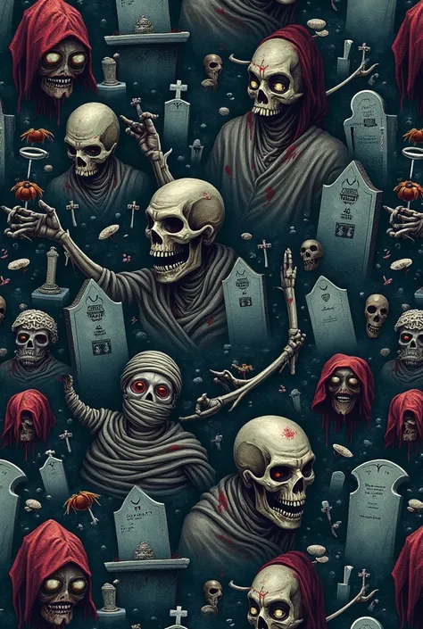 Realistic, fantasy style, seamless pattern. skulls, bones, grave stones, coffins, zombies, blood spots, mummies, dead bodies, skeletons, cemetery and scary  objects.
