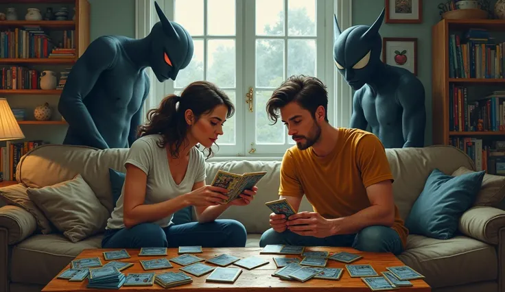 vraies personnes réelles, en couple et collectionneurs de cartes Pokémon amoureux, avec leur alter ego derrière en train de se disputer