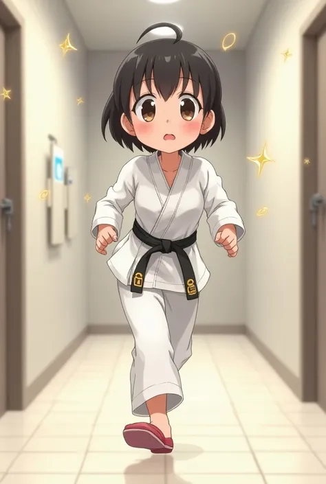 A cute anime girl in a white taekwondo suit is in a hurry to go to the bathroom