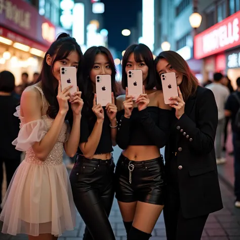 A group photo of four women posing together on a busy street in Japan at night, in a popular tourist area with bright lights and a crowd in the background. Each woman is holding her personal iPhone 16, completely covering her face with it as if taking a se...