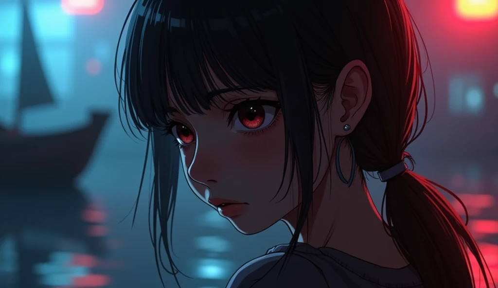 Create a realistic image sad girl snapddoo
. Background music neon light red light, blue light broken blur Full britness and ear in ear boat , eye in aashu