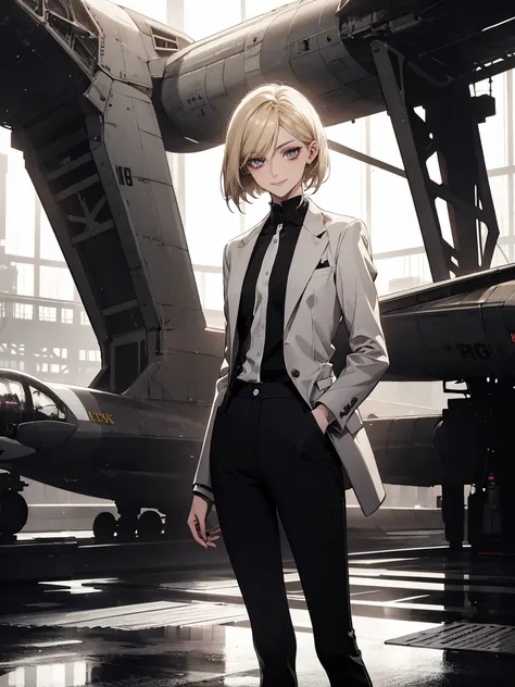 (Confused,  high resolution on down,  very detailed), 1 female, Blonde,Bob Hair,Crimson Eyes, black and white formal,20th Generation,Beauty,young,thin,Quiet,Calm,smile, comments,Slender and thin, boots, skinny pants,Hangar