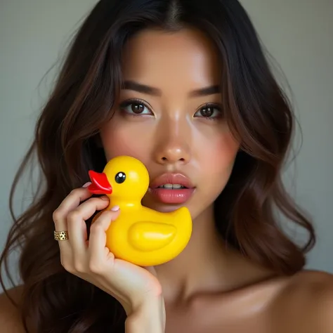 portrait photo of sexy girl holding rubber duck near her face