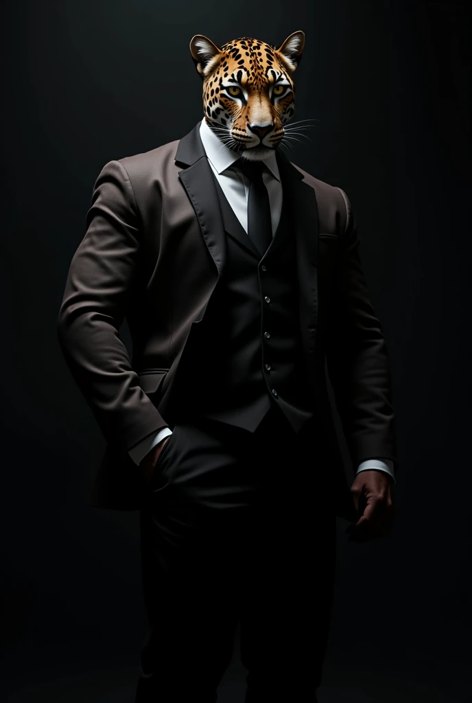 Realistic ,  muscular and serious leopard in male dress on dark background