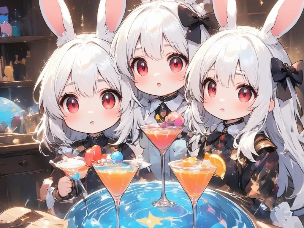 three girls:2.0,(chibi,cute, smaller, pink hair ,blue hair,blonde, very long hair ,bangs,(fluffy white rabbit),bunny ears,red ey...