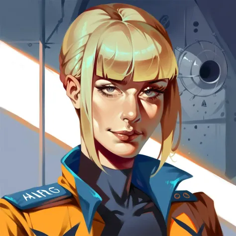 a woman with blonde hair and blunt bangs, tired smile, bags under her eyes, wearing a pilot uniform, standing in a hangar next to a fighter jet, highly detailed, hyper realistic, 8k, photorealistic, masterpiece, warm lighting, cinematic composition, dramat...