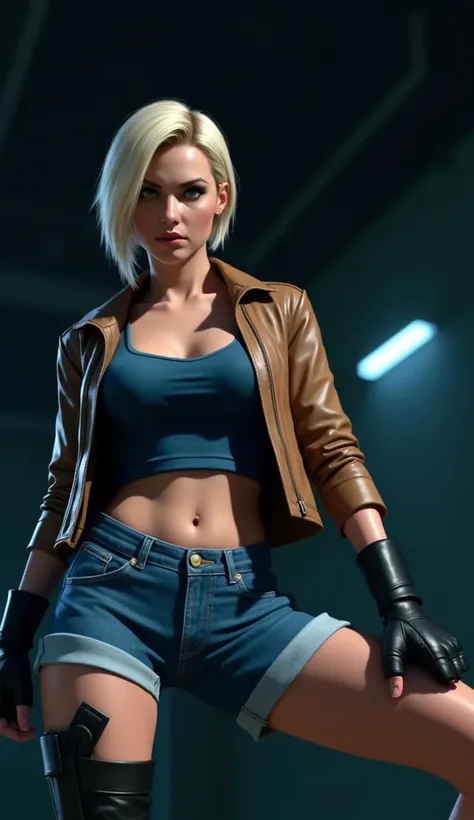  A blonde woman with short blond hair looking like Jill Valentine,  wearing a very short sleeve brown leather jacket with a blue blouse inside, Wearing black fighting glove, wearing blue denim shorts , she is looking directly at the camera.