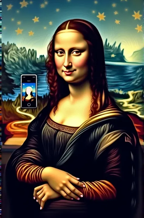 This image is a digital mashup of the famous "Mona Lisa" by Leonardo da Vinci and Vincent van Goghs "Starry Night". The "Mona Lisa" is holding a smartphone with a selfie of herself, showing Van Goghs swirling night sky and the "Mona Lisa" in the background...