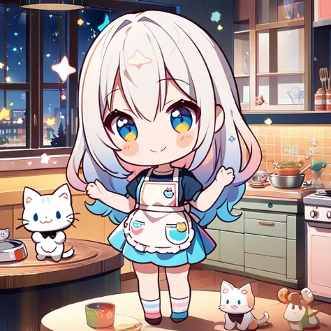 masterpiece, best quality, 4k、((2D illustration))、one beautiful girl、solo、(((chibi style)))、((lovely)), ((pretty)), ((warm colors))、((long beautiful hair)), glossy light silver hair, gradient hair color, hair between eyes, cute、beautifully detailed eyes, (...