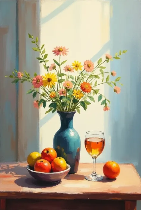 Make a still life  ( pictorial genre that represents inanimate objects in an everyday environment.  It is also known as “Still Life”)  Keep it simple ,  with an impressionist style 