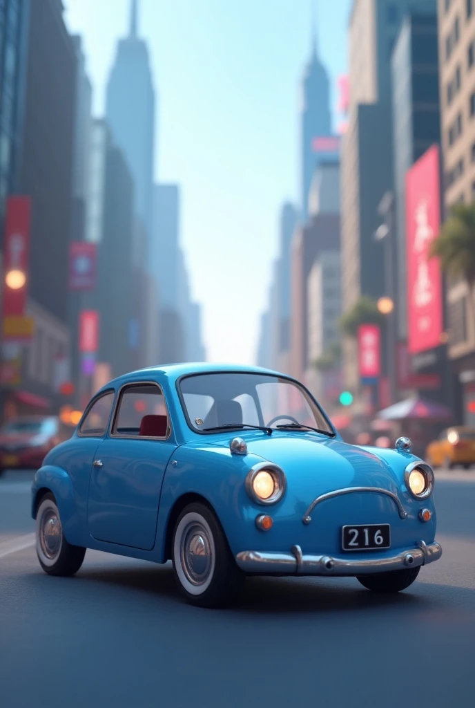 Create a blue and small animated car with a realistic design (effeminate)