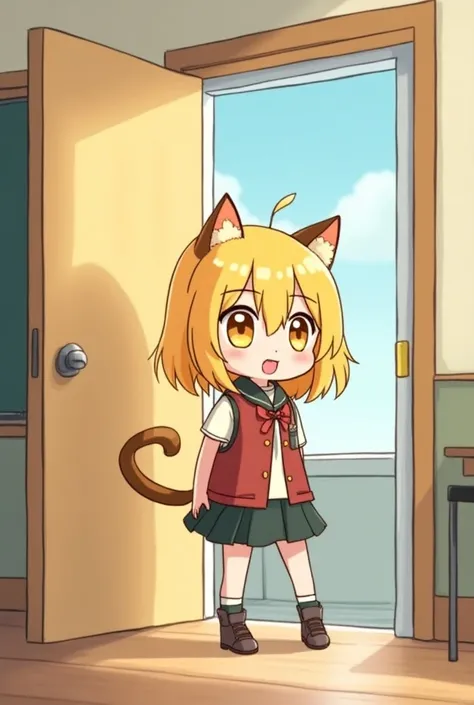 Draw a blonde girl with a length of ( to the rib ) to have cat ears and tails and she pushes the classroom door and says" Do you want to join our balloon club? ?"(Is there a dialog box )  is going to wear a school chest that is a bit cartoonish 