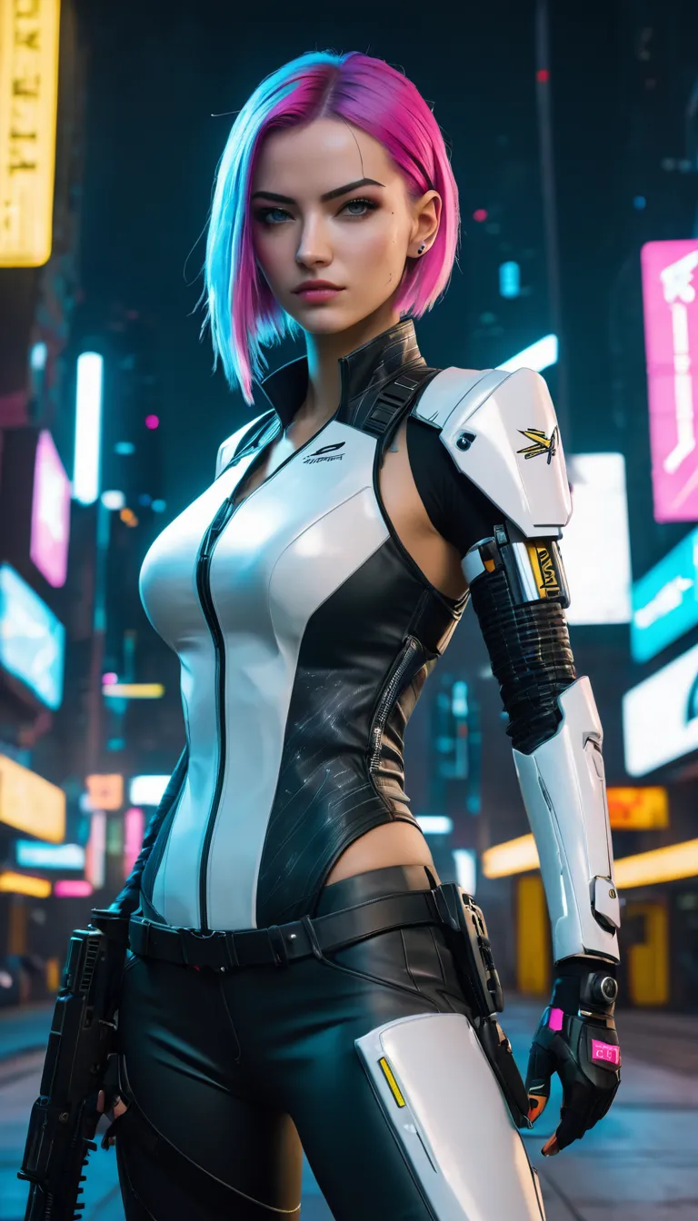 high definition photography, hacker,  bright face color , teenage girl,  pretty white, beautiful breasts, cyberpunk 2077, suit-f...