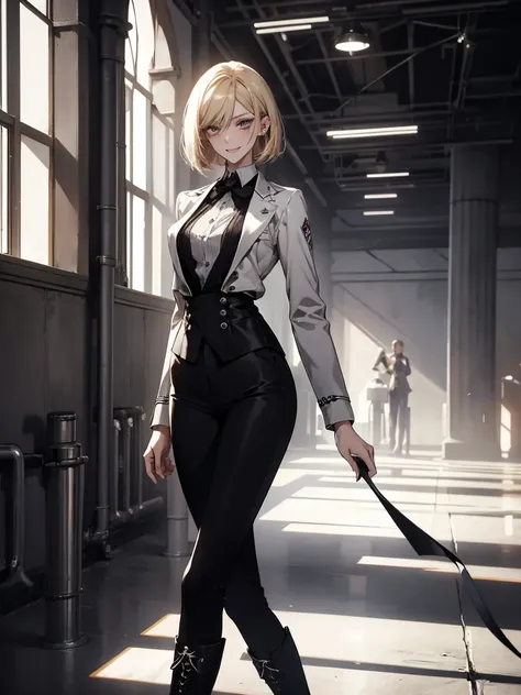 (Confused,  high resolution on down,  very detailed), 1 female, Blonde,Bob Hair,Crimson Eyes, black and white formal,20th Generation,Beauty,young,thin,Quiet,Calm,smile, comments,Slender and thin, boots, skinny pants,Hangar