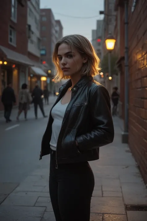 "Create a hyper-realistic image of a confident, stylish woman with medium-length hair, subtly tousled, dressed in a chic leather jacket and a fitted blouse. She’s leaning casually against a brick wall in an urban nighttime setting, with streetlights castin...