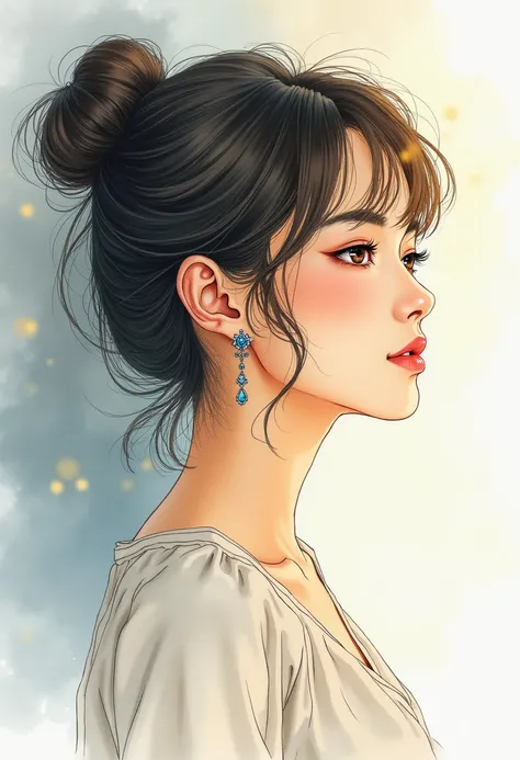 A side-profile watercolor illustration of Ayano Fujisaki, a 48-year-old Japanese idol. Her round face, taut skin, refined nose, and full lips create a sophisticated side profile, accentuated by soft brown eyes with gentle laugh lines. Her natural makeup an...