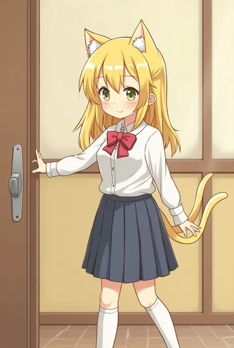 Draw a blonde girl with a length of ( to the rib ) to have cat ears and tails and she pushes the classroom door and says" Do you want to join our balloon club? ?"(Is there a dialog box ) A girl who needs to wear a school bust is about 18 years old. 