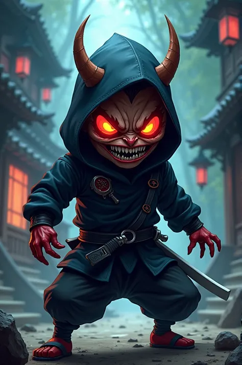 A ninja with the face of a devil in an animated cartoon 
