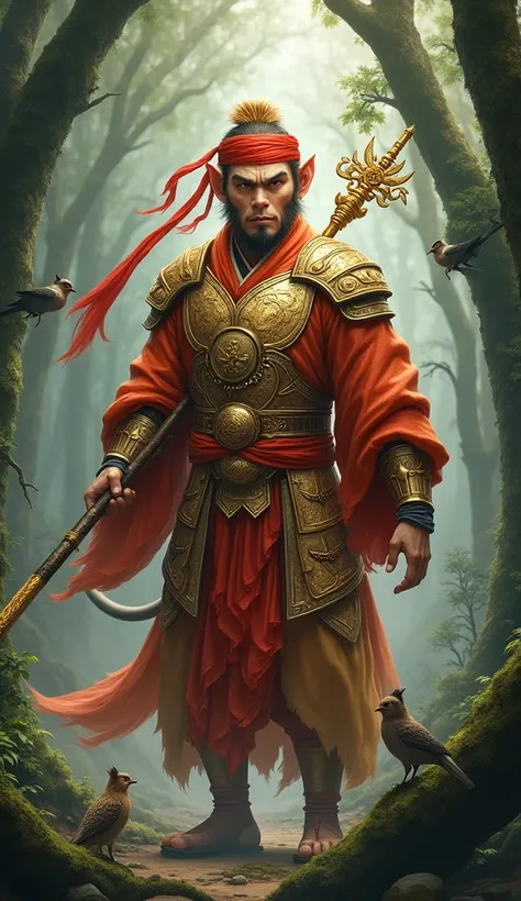 Imagine Sun Wukong, The charismatic Monkey King,  in a dense oriental forest .  He is a strong and agile figure ,  with a slender body and defined muscles ,  covered with a golden coat that shines under the soft light that seeps through the trees .  His fa...