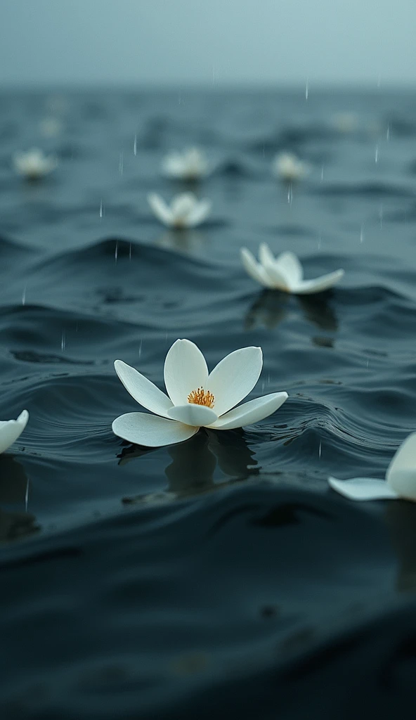 White gardenia petals floating in the sea，Broken petals are scattered in the sea，Chuva bateu no mar，dark and gloomy sky