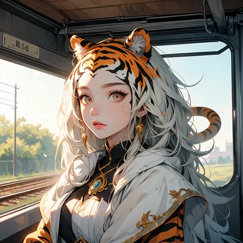 (masterpiece, best quality: 1.2),，((toy tiger)),(( fencer)), ((fencing)), fantasy,Disney style（（masterpiece full of fantasy elements）））， （（best quality））， （（Intricate details））（8k）,on the roof of train