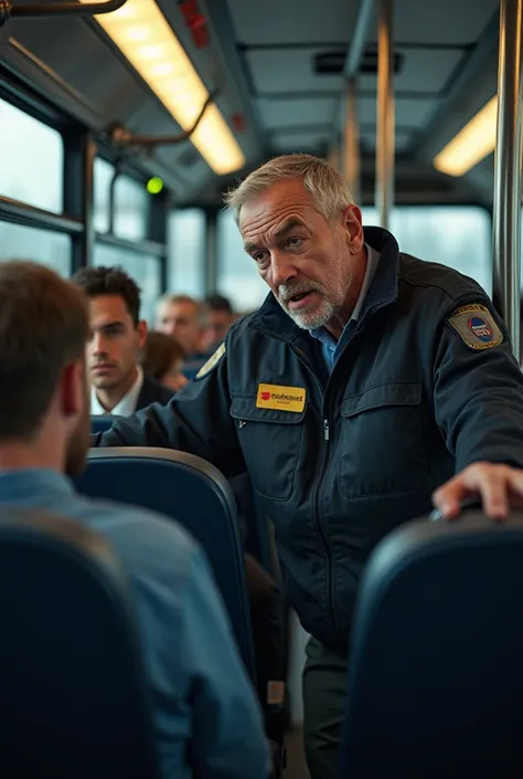 Image of a security guard inside a bus woken up by a 25-year-old driver with the 
 Frightened face