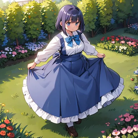  girl, student,  full body, Wear a uniform,  light blue skirt,  long skirt , Small Bow, Small Bow, garden, 石 garden, Anime, Anime movie