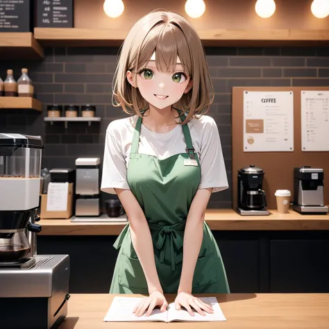 Girl working in a coffee shop,Green apron,Look at the front and smile