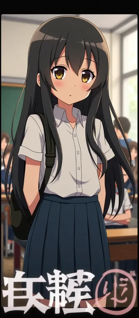 A high school girl in a classroom, dressed in a white shirt and blue skirt uniform, with long black hair. She stands near the teacher at the front of the room, facing all the seated students with a slightly nervous expression. She has a school bag over her...