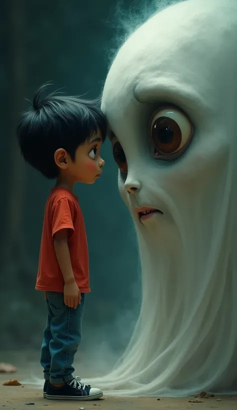 A close-up of Rohan boy face, showing a mixture of fear and curiosity, as he looks into Golu cute ghost large, expressive eyes.rohan, still wearing a red t-shirt, blue jeans, and black sneakers, gazes back at him with an innocent and sad expression. The ba...